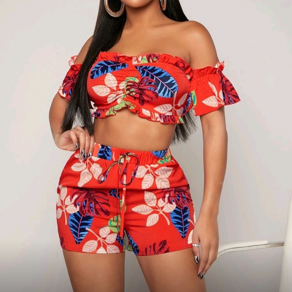 Red Floral Off-Shoulder Two-Piece Set